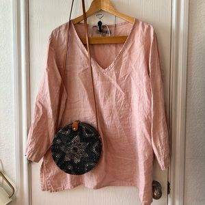 FLAX Plush Pink V-neck Linen Top